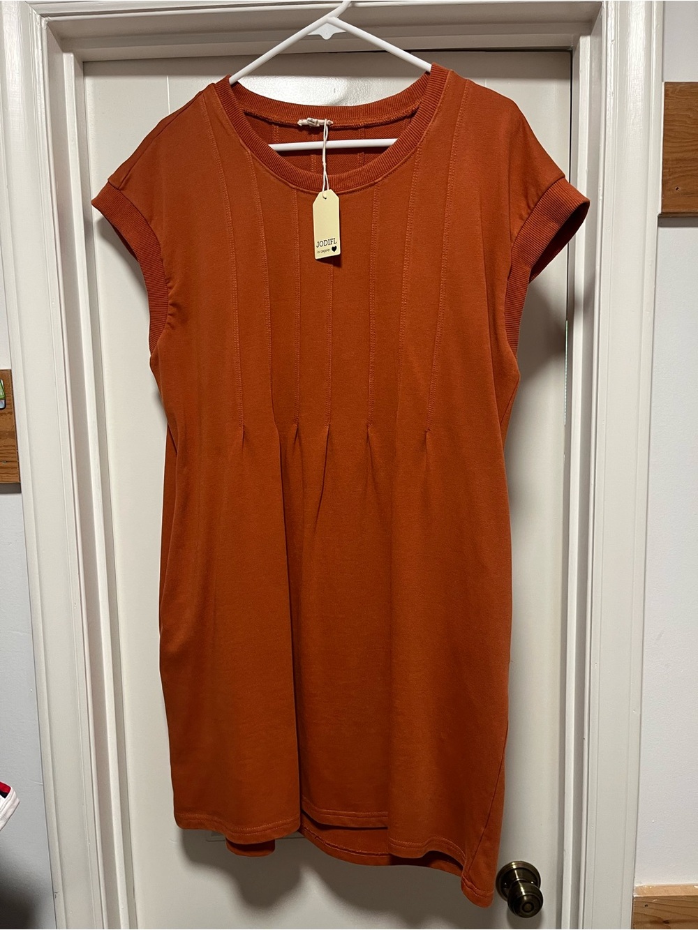 Rust Short-Sleeve Pleated Shift Dress